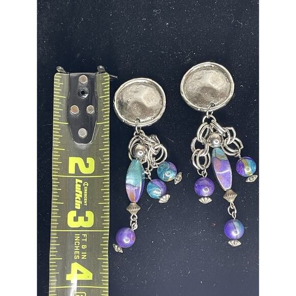 Vintage 80s Statement Silver & Beaded Teardrop Earrings Clip On Boho Western - Picture 4 of 5